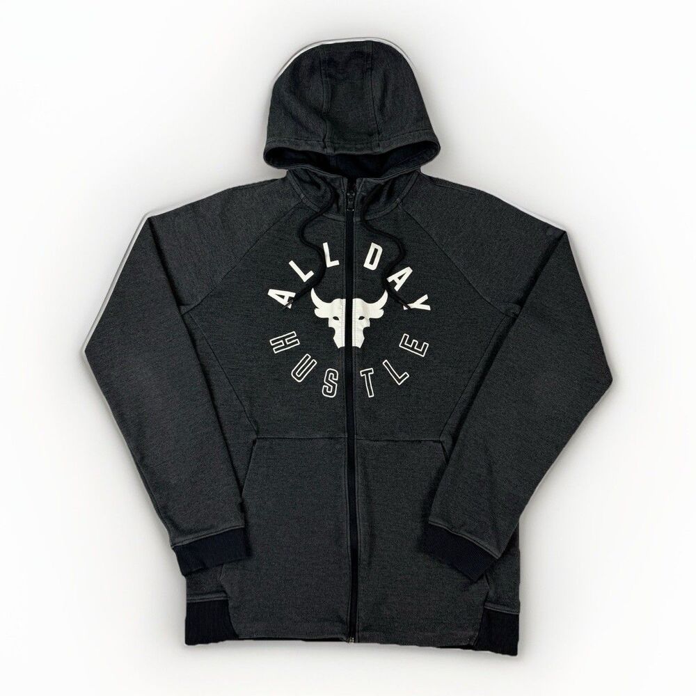 Under Armour Project Rock Hoodie Mens M All Day‎ Hustle Bull Logo Full Zip